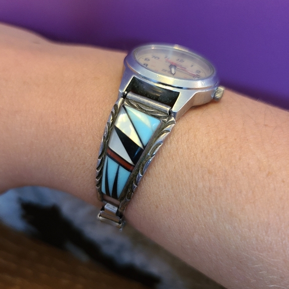 Vintage sterling silver Native American Zuni inlay watch band/ watch - Picture 5 of 5